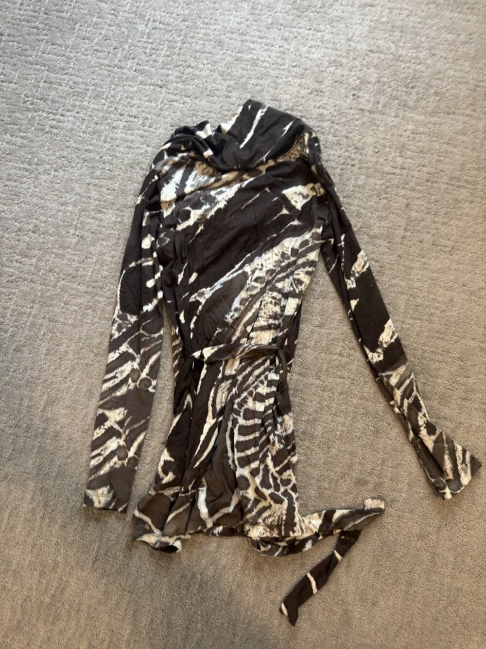 Betty Barclay Cowl Neck Belted Print Tunic Top Brown Cream US 4